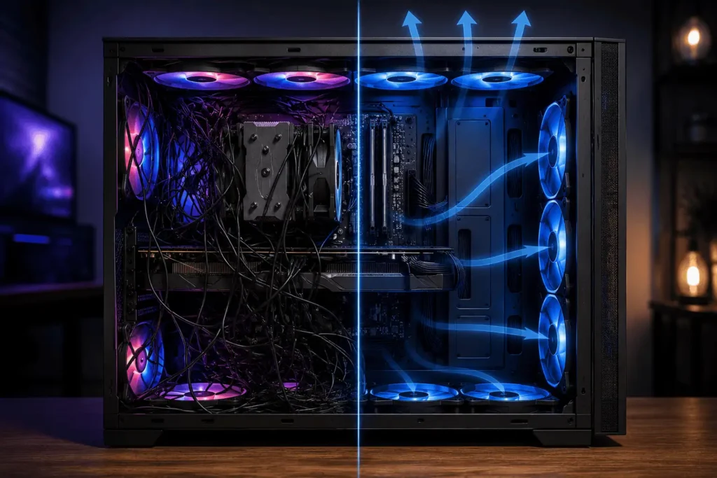 Comparison of messy and neatly hidden fan cables in a high airflow gaming PC.