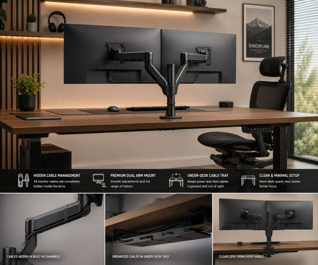 Hide monitor cables on a dual arm mount using built-in cable channels and under-desk cable management