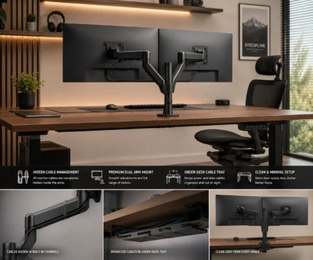 Hide monitor cables on a dual arm mount using built-in cable channels and under-desk cable management