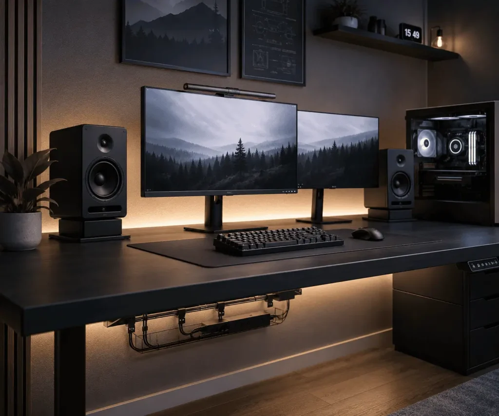 Hide speaker wires on a PC desk using cable management accessories