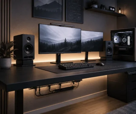 Hide speaker wires on a PC desk using cable management accessories