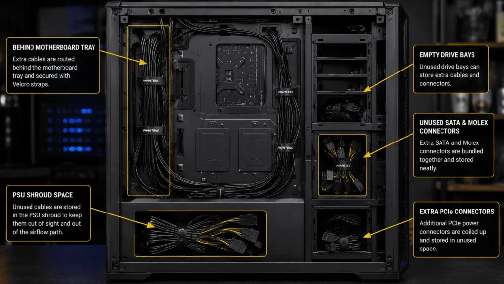 Hiding unused non-modular PSU cables inside the PSU shroud and motherboard tray.