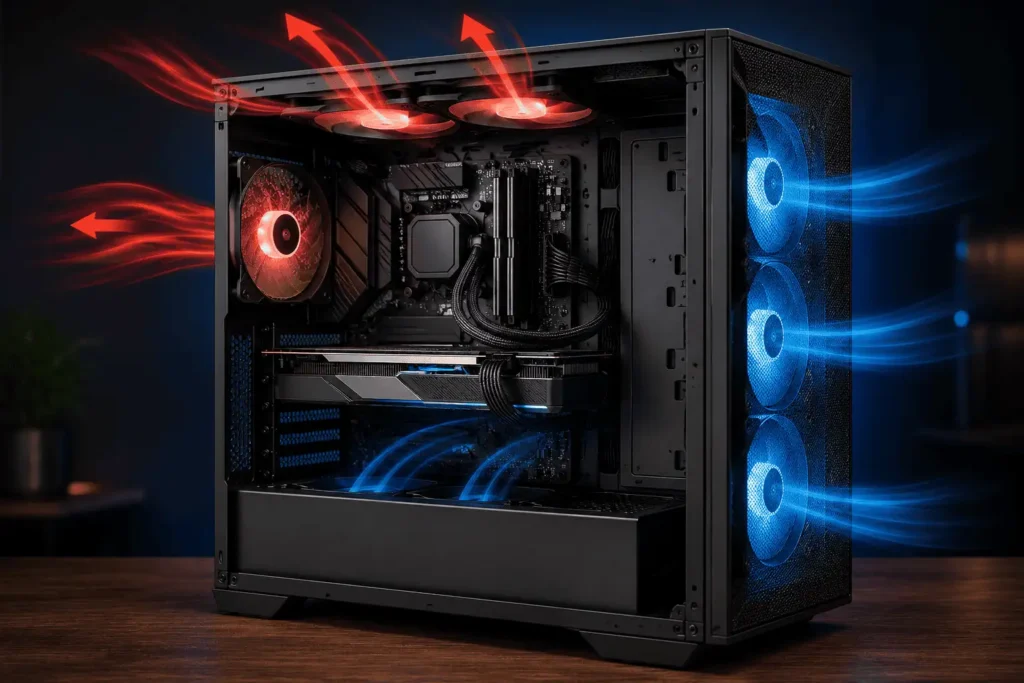 Airflow path inside a high airflow gaming PC with hidden fan cables.