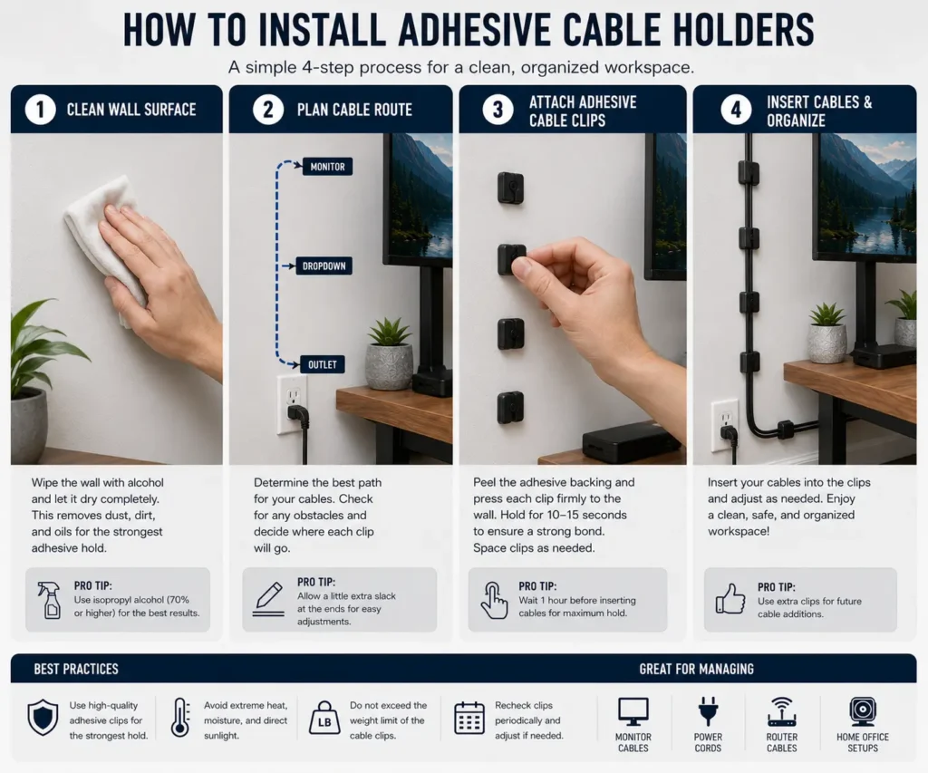 Step by step installation of adhesive cable holders on a wall