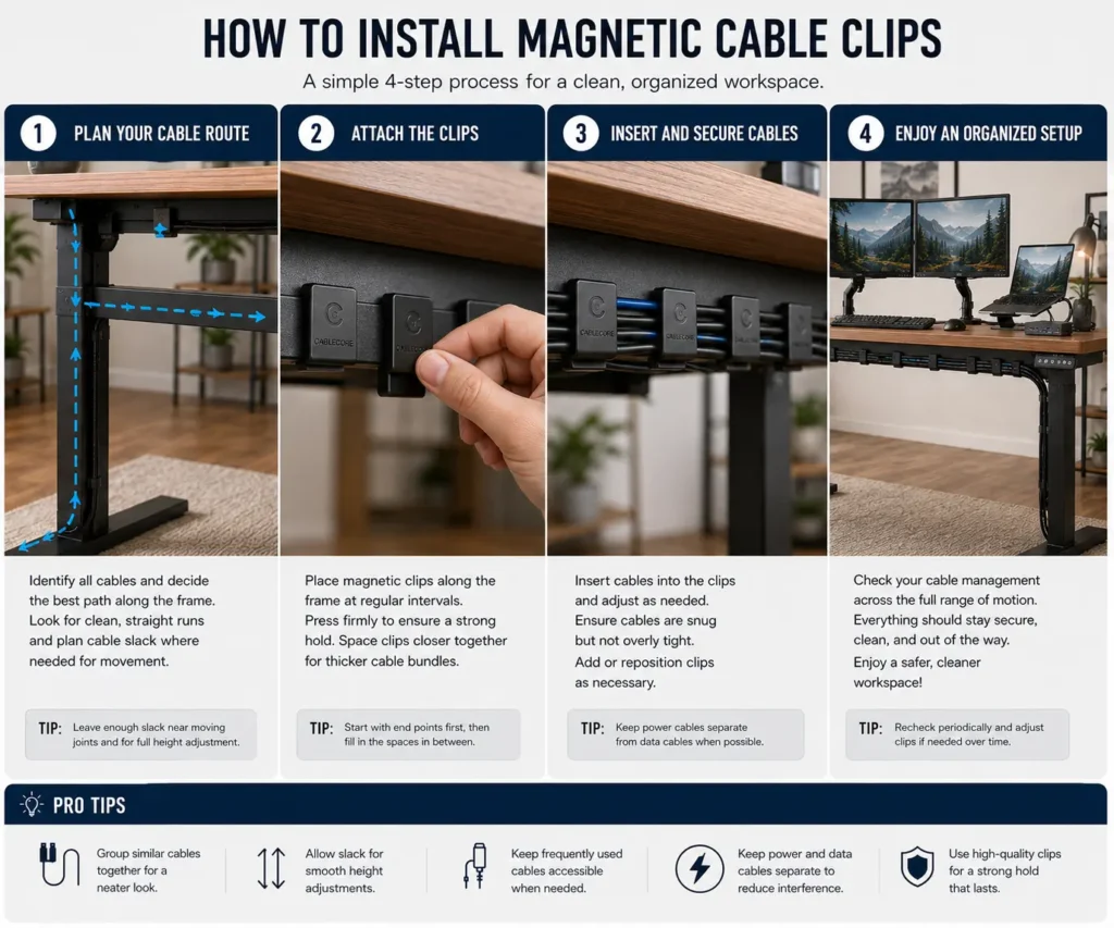 Step by step installation of magnetic cable clips on a metal desk