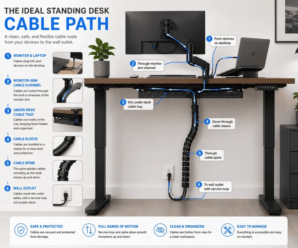 Ideal cable routing path for a moving standing desk