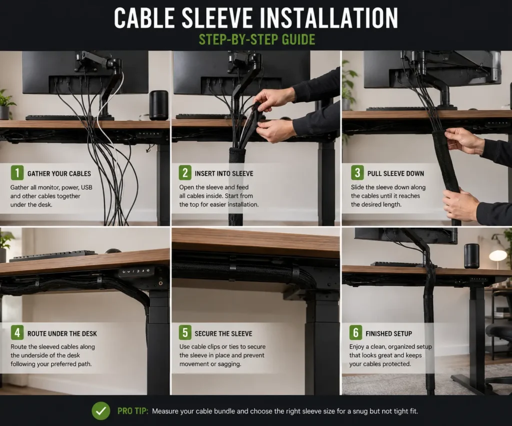 Installing cable management sleeves on a PC desk setup