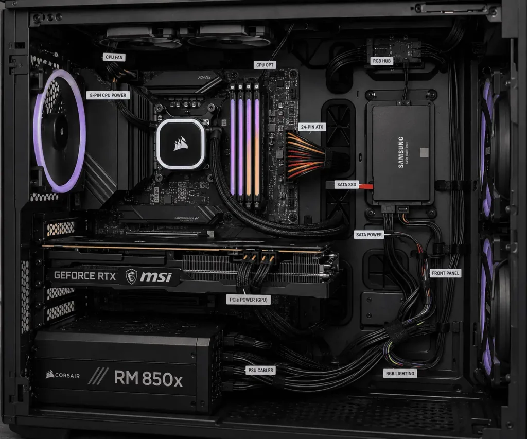 Internal PC cables labeled for easier upgrades and maintenance