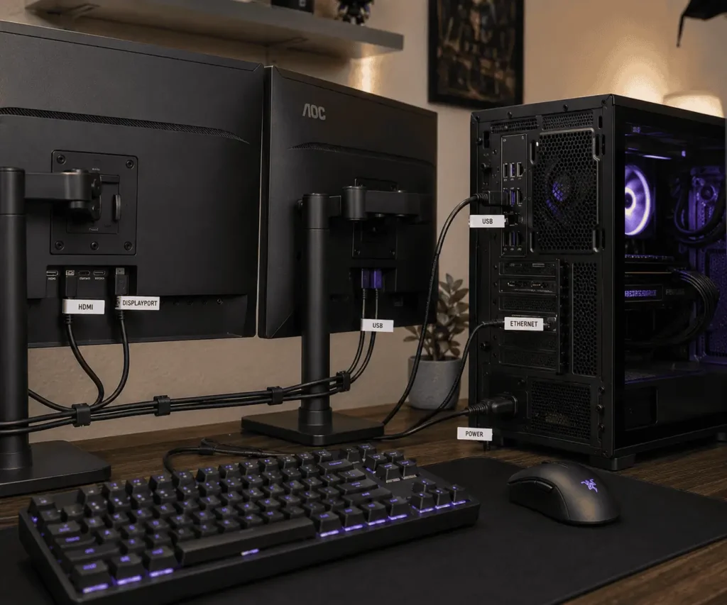 Labeling PC cables for easy troubleshooting in a gaming computer setup
