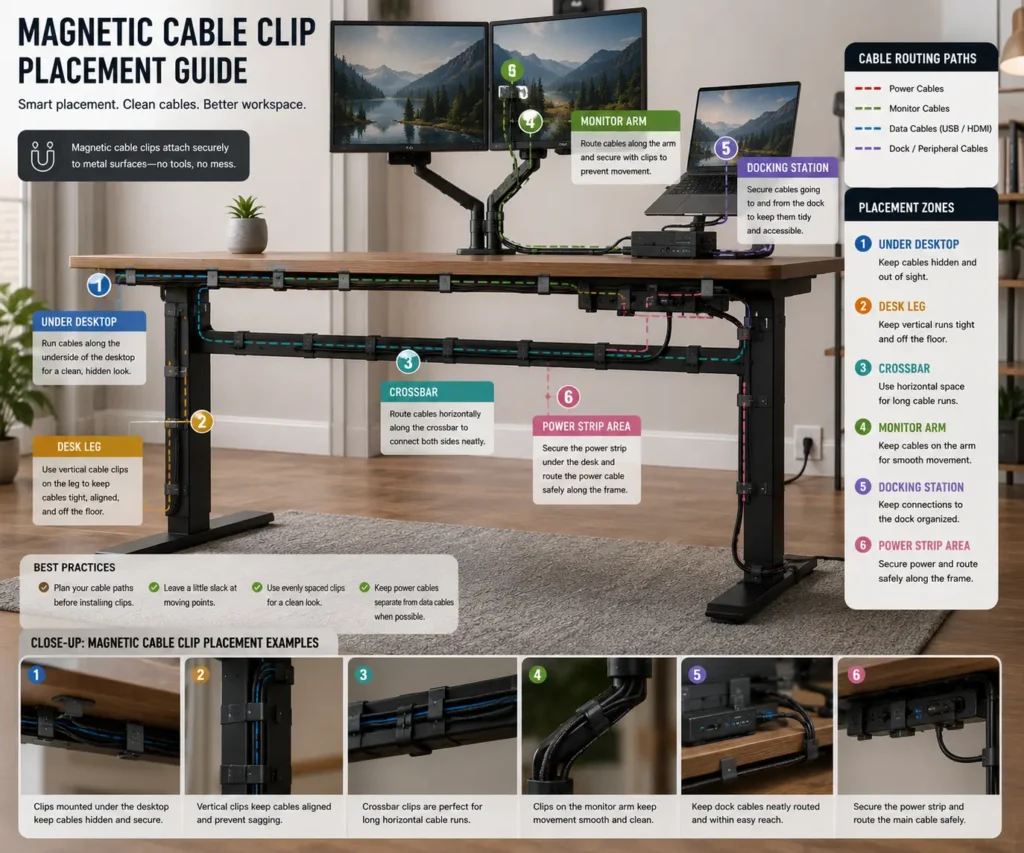 Best locations for magnetic cable clips on a metal desk