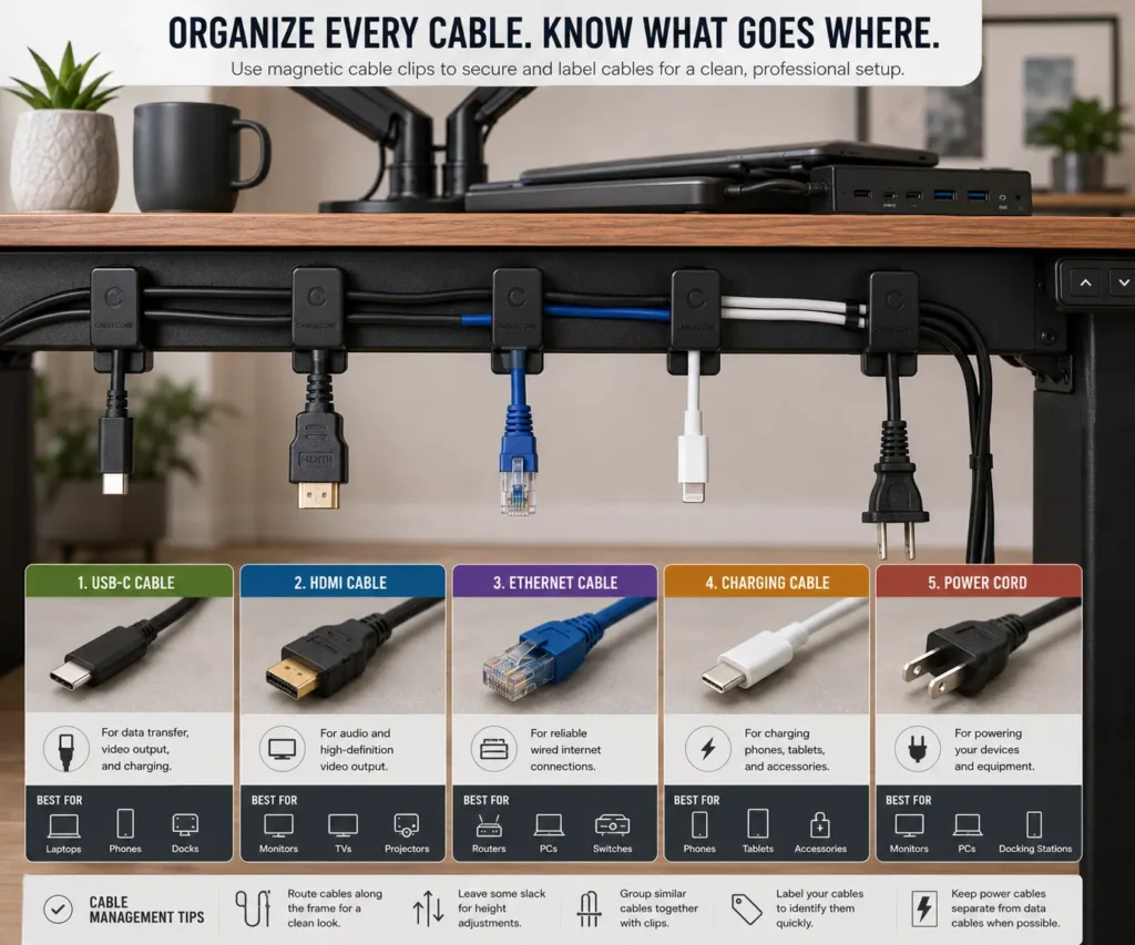 Different cable types organized with magnetic cable clips
