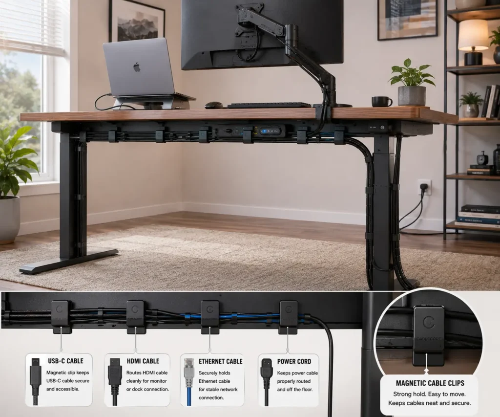 Magnetic cable clips for metal desks organizing cables on a steel desk frame