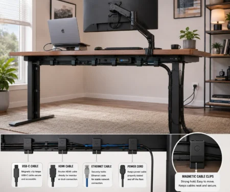 Magnetic cable clips for metal desks organizing cables on a steel desk frame