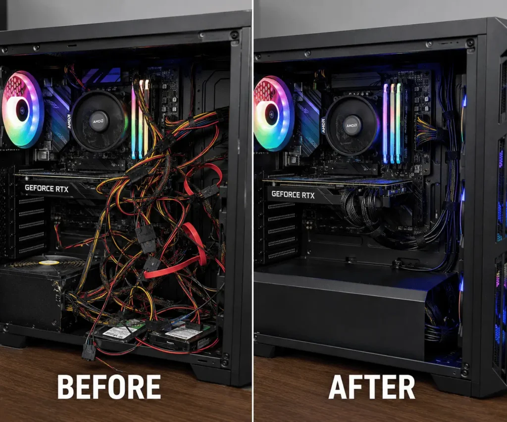 Managing non-modular power supply cables with proper cable routing inside a gaming PC.