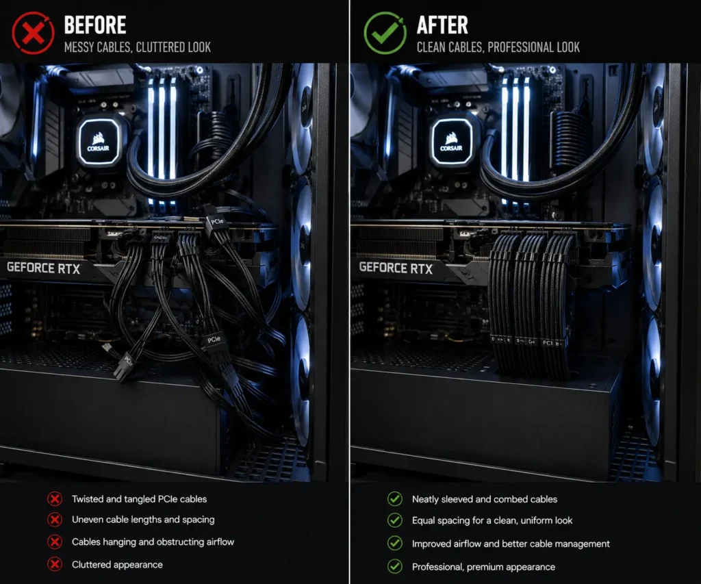 Comparison of messy GPU cables and organized GPU wiring with cable combs