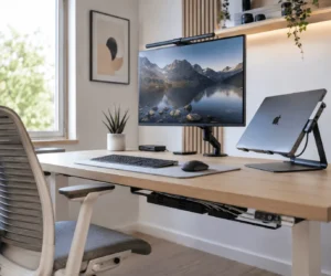 Minimalist desk setup with hidden cable management and clean workspace