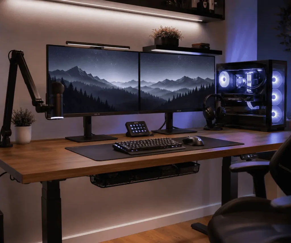 Minimalist gaming desk with organized RGB cables and hidden cable management