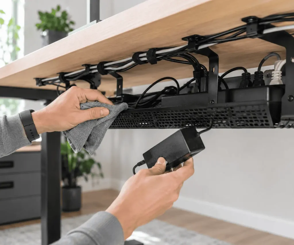 Cleaning and maintaining cable management under a minimalist desk