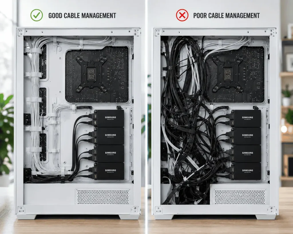 Comparison of motherboard tray cable clearance with flat and bulky cable routing