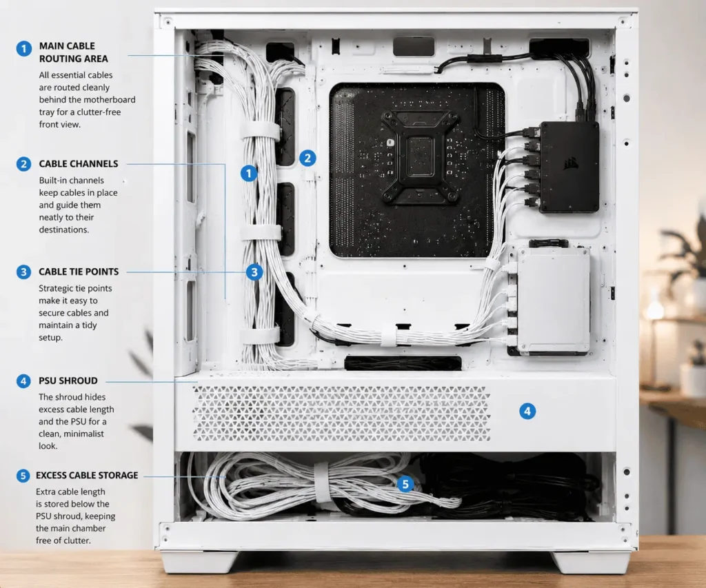 Motherboard tray cable routing compared with PSU shroud cable storage
