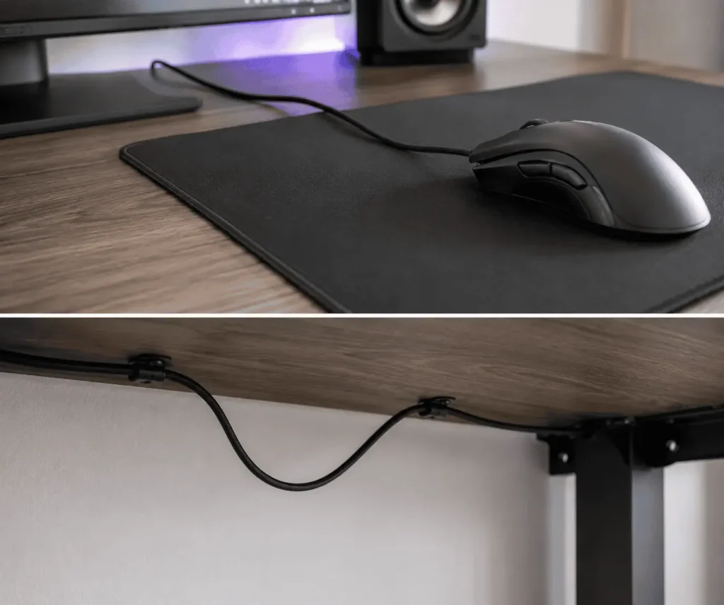 Proper mouse cable routing under a desk to reduce cable drag
