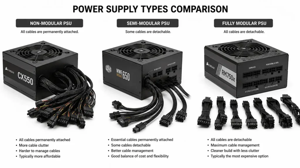 Comparison of non-modular, semi-modular, and fully modular power supply cables.