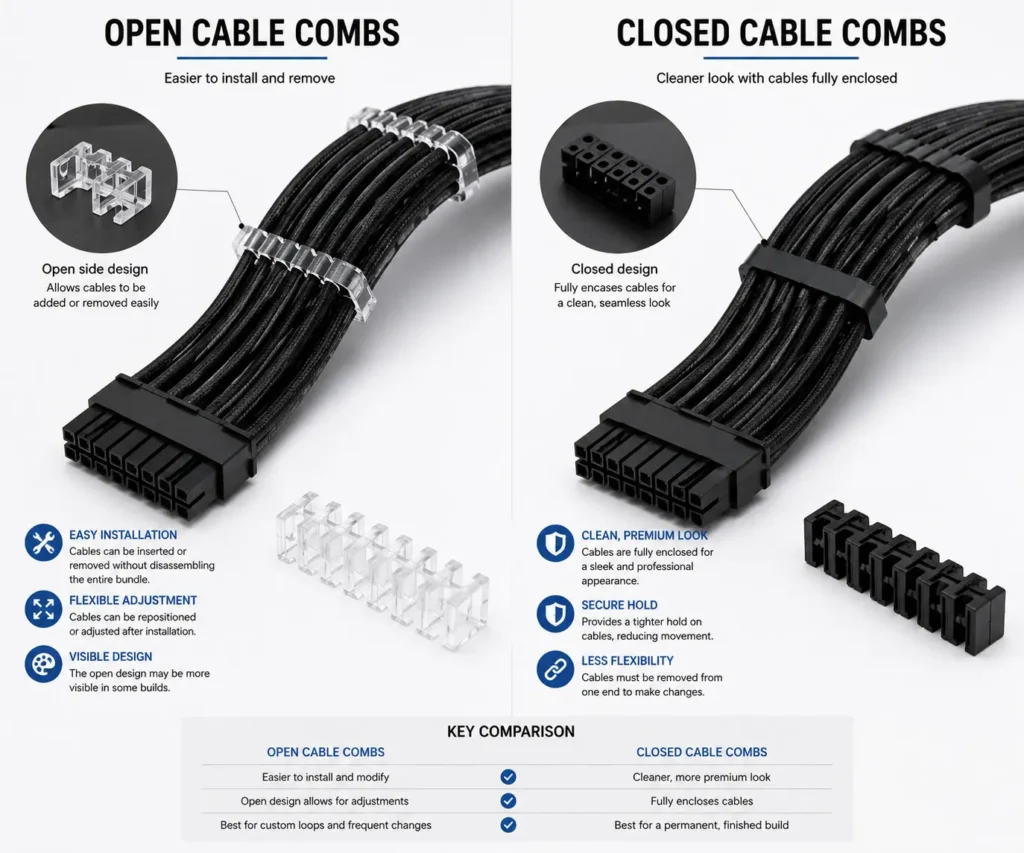Open cable combs compared with closed cable combs for PC cable management