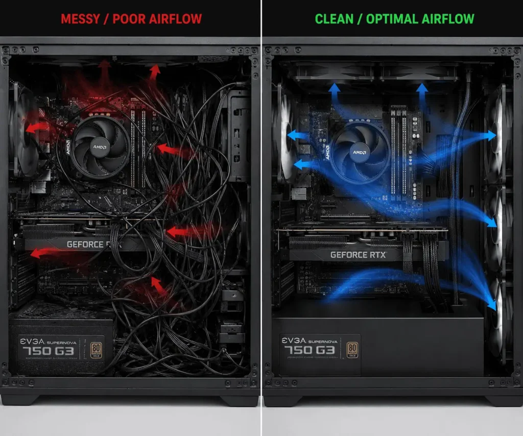 Organized PC cables improving airflow inside computer case