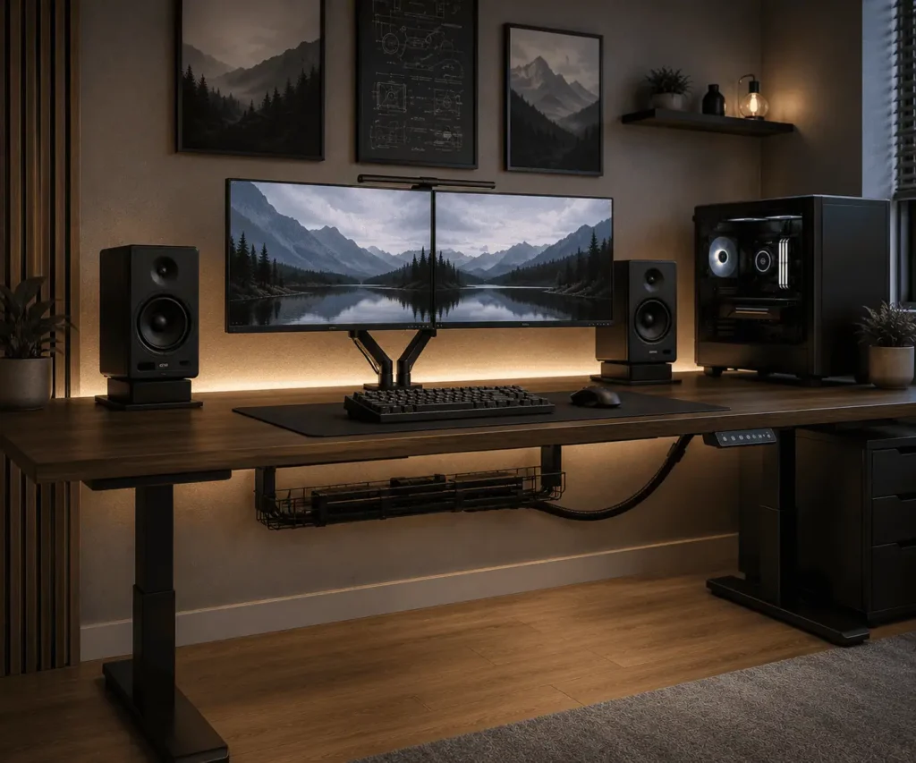 Organized PC desk with hidden speaker wires