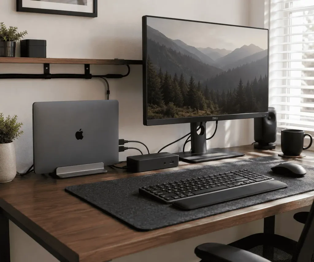 Organizing laptop docking station cables on a small desk with monitor and accessories