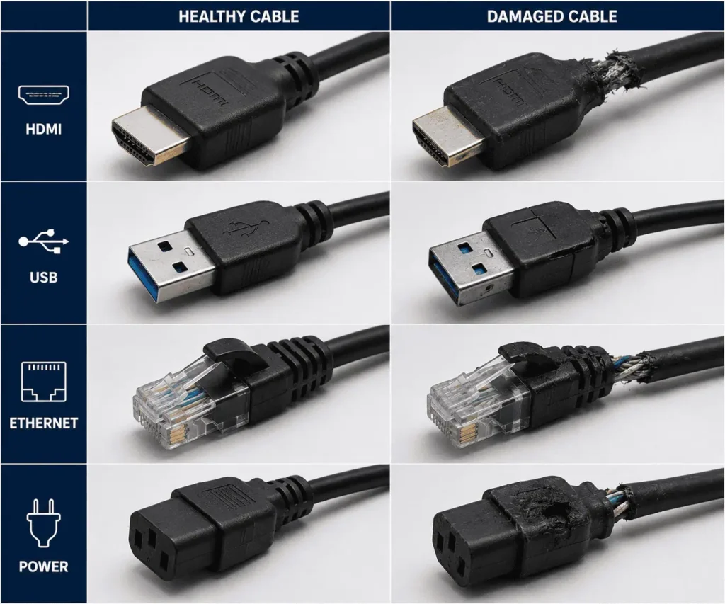 Inspecting PC cables for fraying heat damage and connector wear