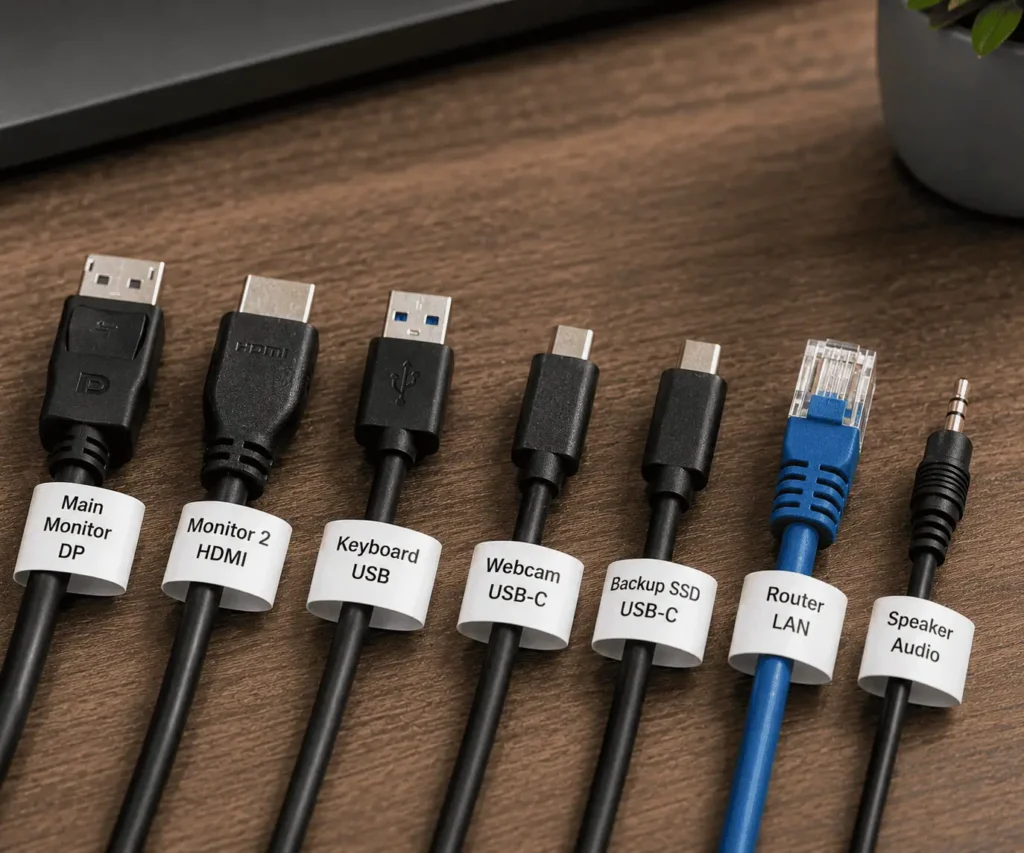 Examples of clear PC cable names and labels for different devices