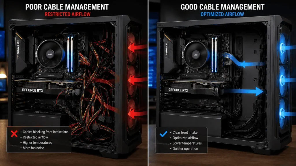 Comparison of poor and good airflow caused by different PC cable management practices.