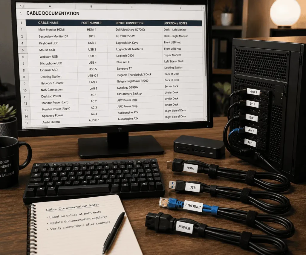 PC cable map with labeled connections and device documentation