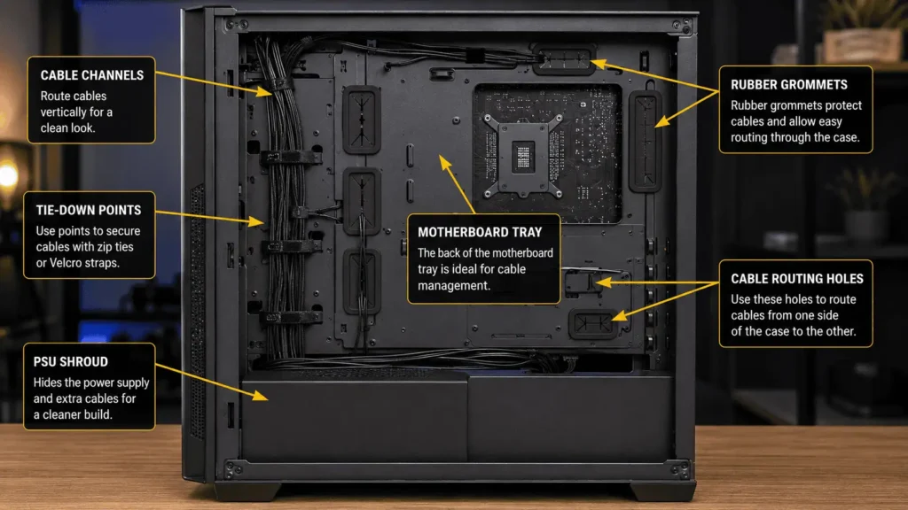 PC case cable routing areas including motherboard tray, PSU shroud, and cable channels.
