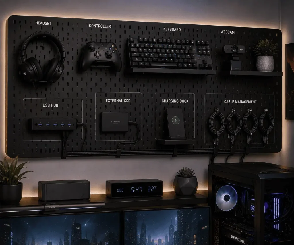 PC peripherals neatly stored on a wall-mounted pegboard