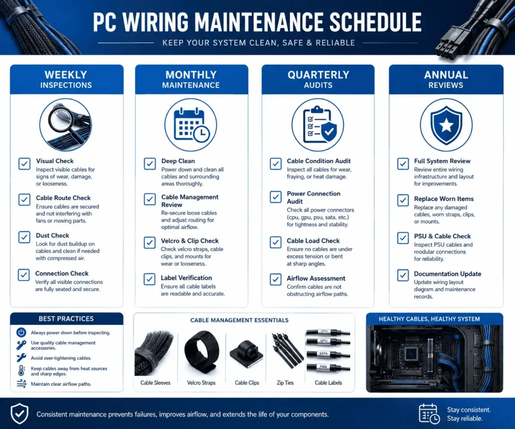PC wiring maintenance schedule showing weekly monthly quarterly and annual checks