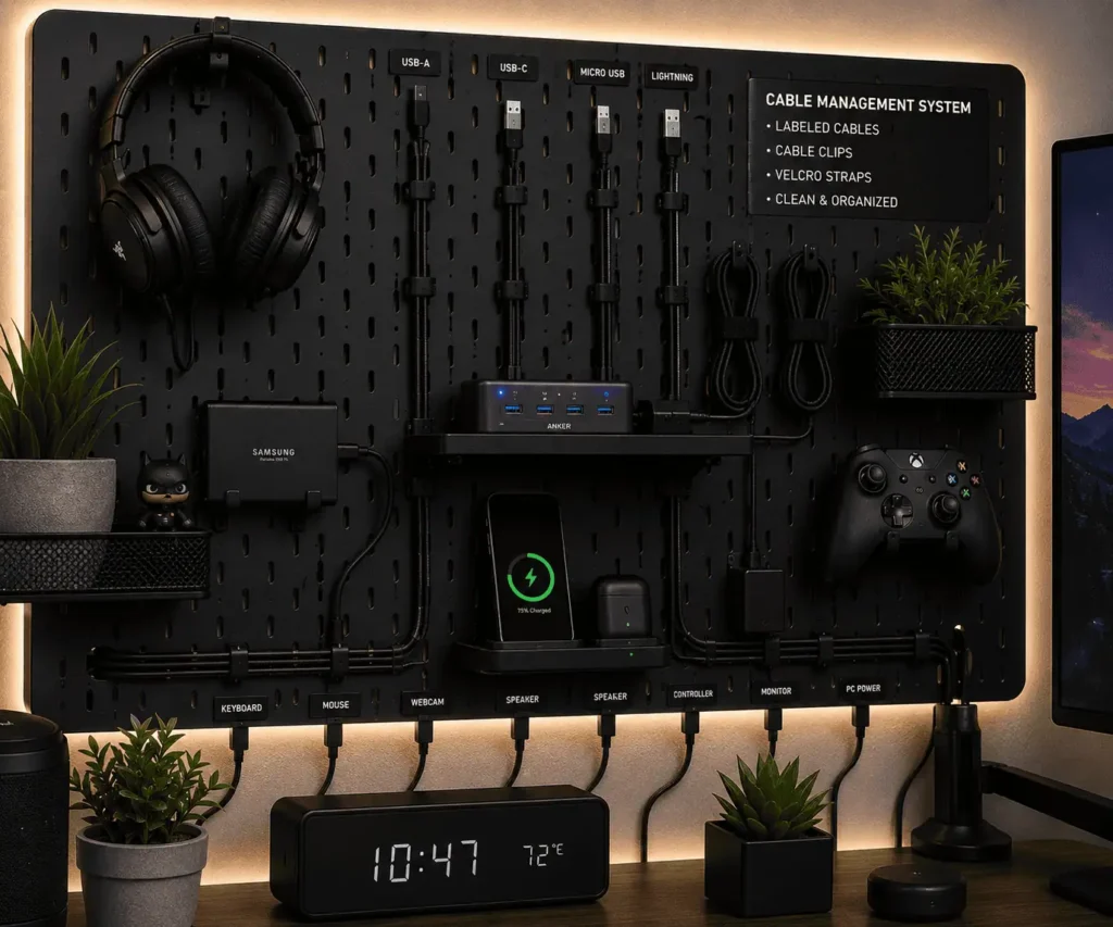 Cable management system organized on a pegboard