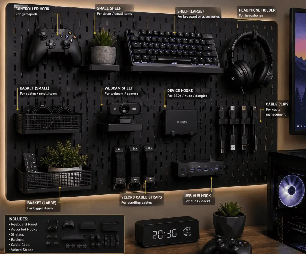Pegboard accessories including hooks, shelves, baskets, and cable clips
