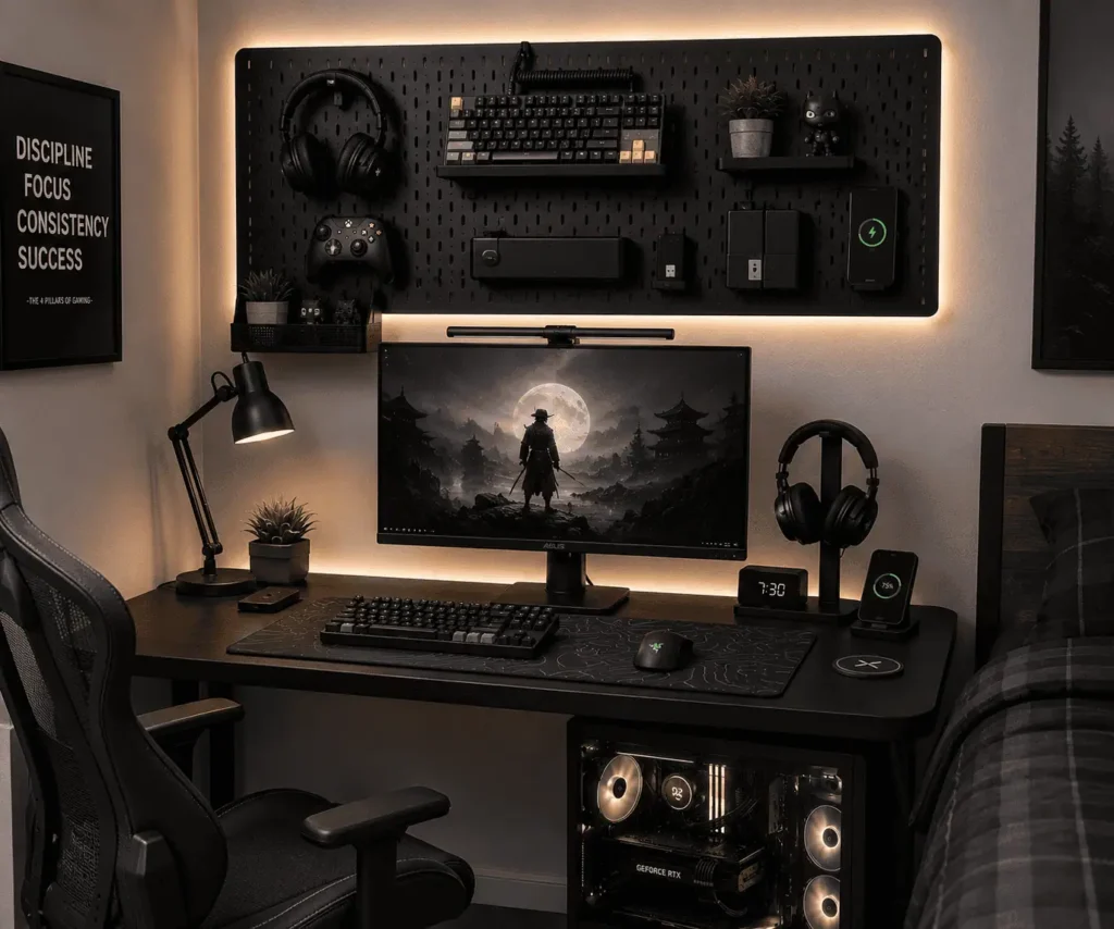 Pegboard layout designed for a small gaming desk