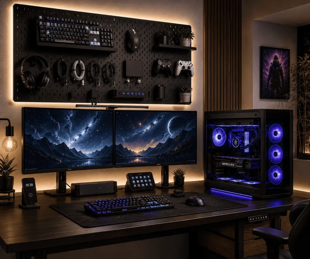 Pegboard used for PC peripheral organization above a gaming desk