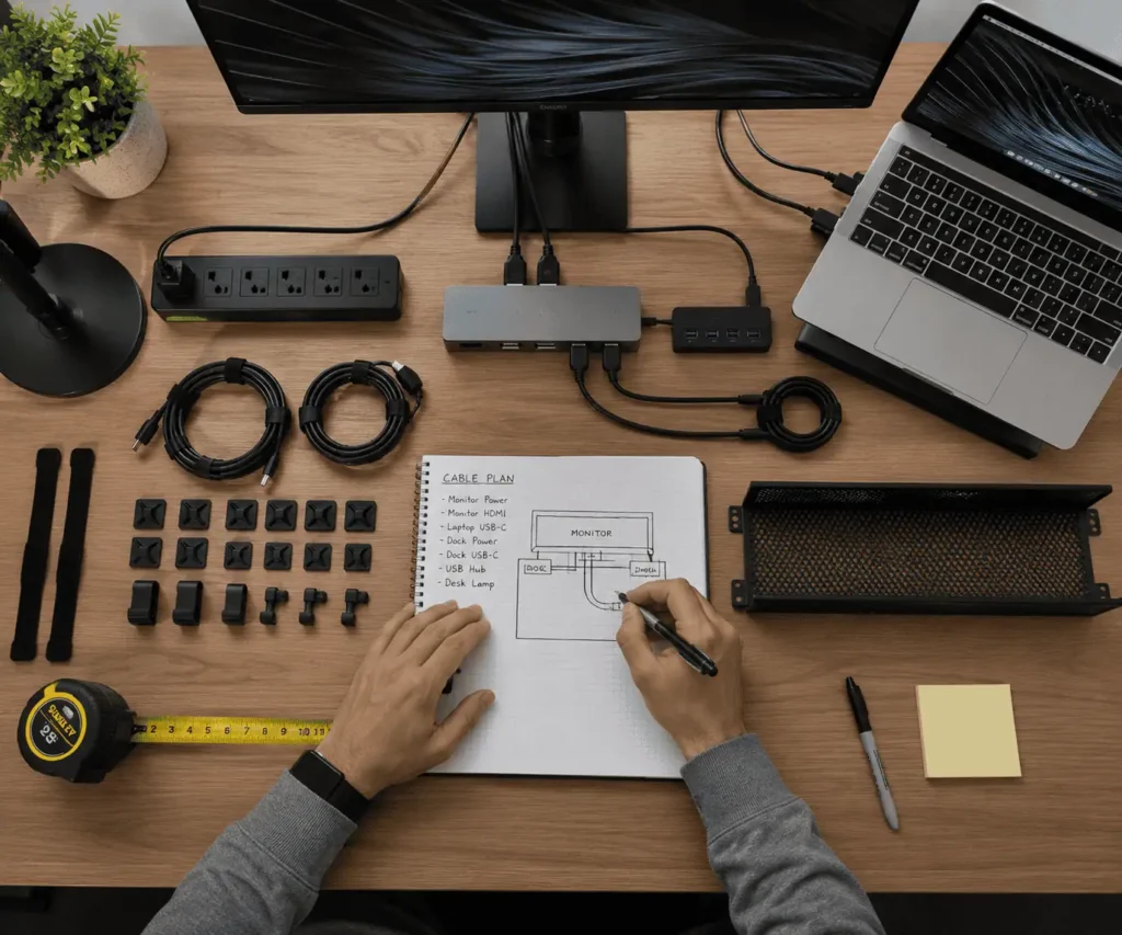 Planning cable routes before organizing a minimalist desk setup
