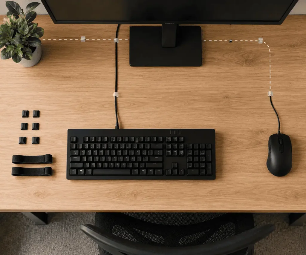 Planning the cable route before routing keyboard and mouse cables through a desk