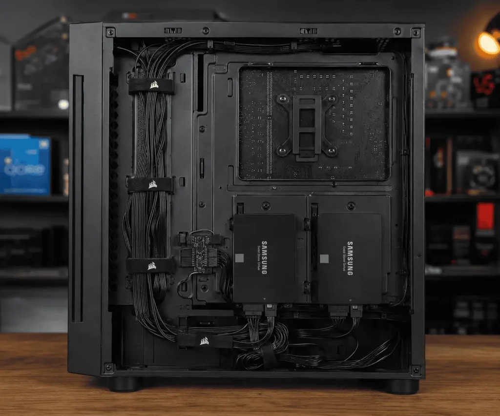 Rear mounted SSD tray with organized SATA cable routing