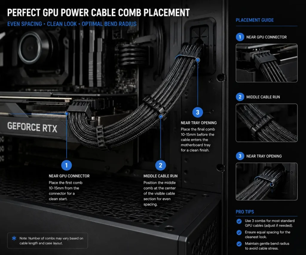 Recommended cable comb placement along a GPU power cable