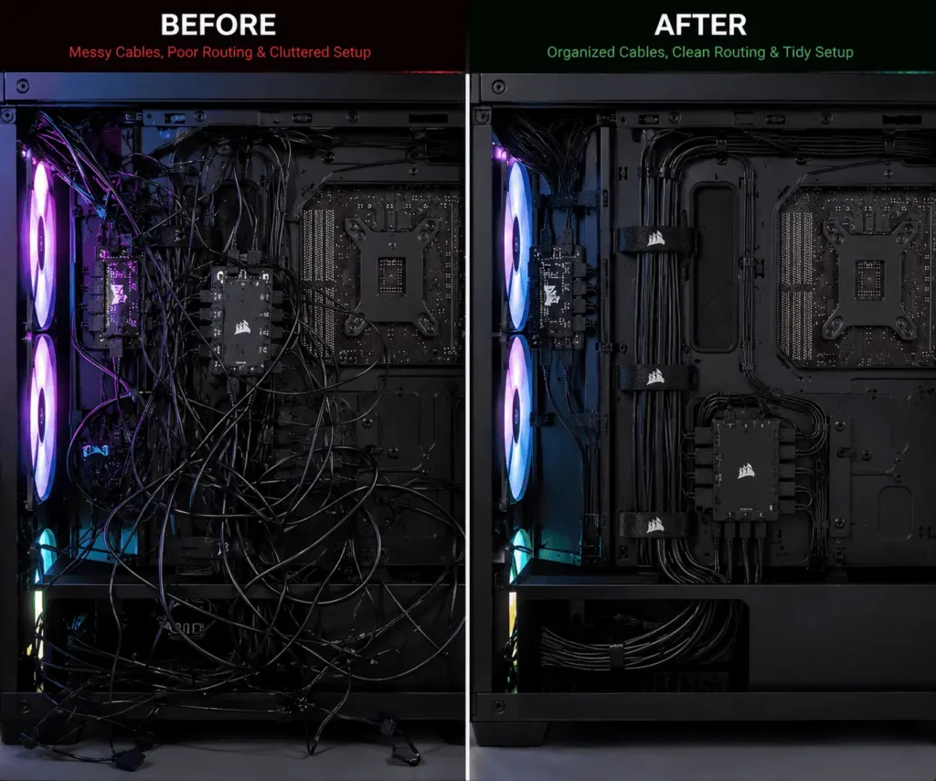 Before and after RGB controller cable management comparison