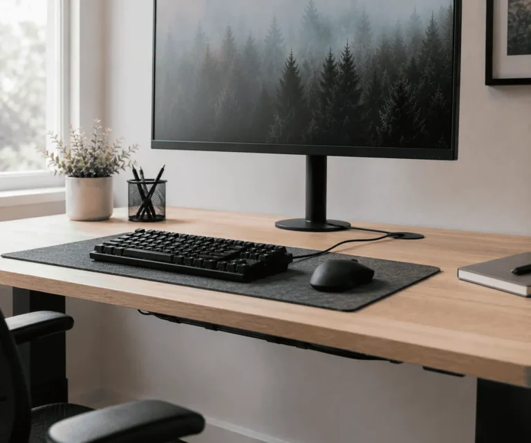Route keyboard and mouse cables through a desk with a clean cable management setup