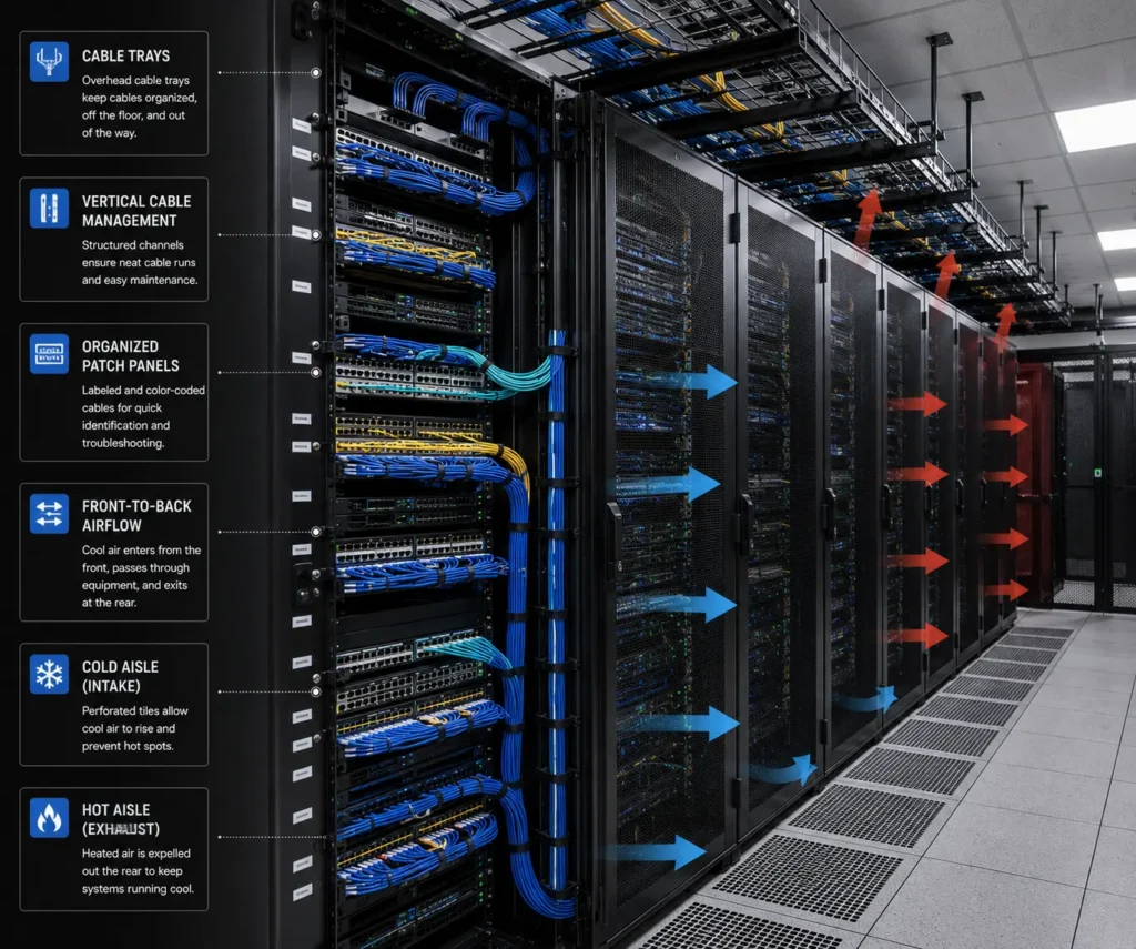 Server rack with structured cabling and clear airflow channels for cooling efficiency