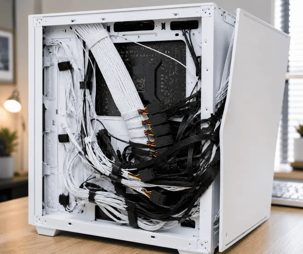 Bulky cable bundle behind motherboard tray preventing side panel from closing