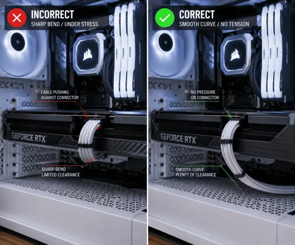 Examples of cable strain on GPU power connectors